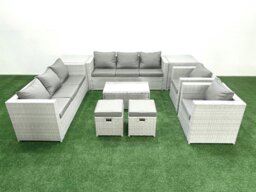Rackhams Outdoor Rattan Sofa Garden Furniture Set with 2 Armchairs Oblong Coffee Table 2 Small Footstools 2 Side Tables Light Grey Mixed - thumbnail 2