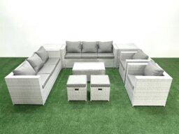 Rackhams Outdoor Rattan Sofa Garden Furniture Set with 2 Armchairs Oblong Coffee Table 2 Small Footstools 2 Side Tables Light Grey Mixed - thumbnail 1