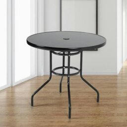 Rackhams Patio Garden Dining Table with Umbrella Hole Glass Garden Table - Dia 80 x H 72 cm