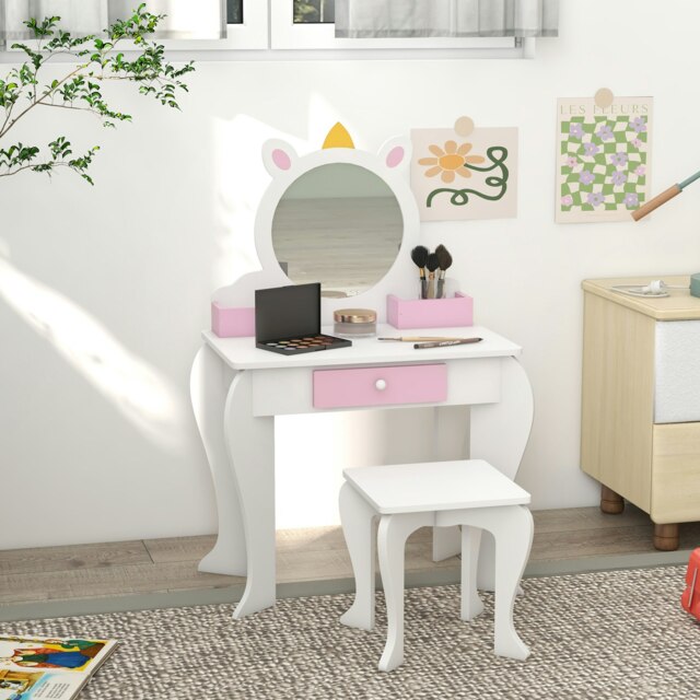 Rackhams Kids Dressing Table with Mirror and Stool, Drawer, Storage Boxes - White - White - 55 x 34 x 87 cm - image 1