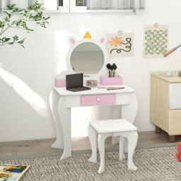 Rackhams Kids Dressing Table with Mirror and Stool, Drawer, Storage Boxes - White - White - 55 x 34 x 87 cm - thumbnail 1