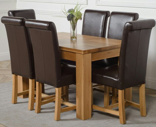 Rackhams Dakota Small Oak Dining Table with Washington Leather Chairs - 6 chairs - Brown - image 1