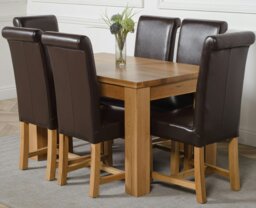 Rackhams Dakota Small Oak Dining Table with Washington Leather Chairs - 6 chairs - Brown - thumbnail 1
