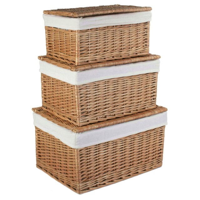 Rackhams Light Steamed Cotton Lined Wicker Storage Basket - Set of 3