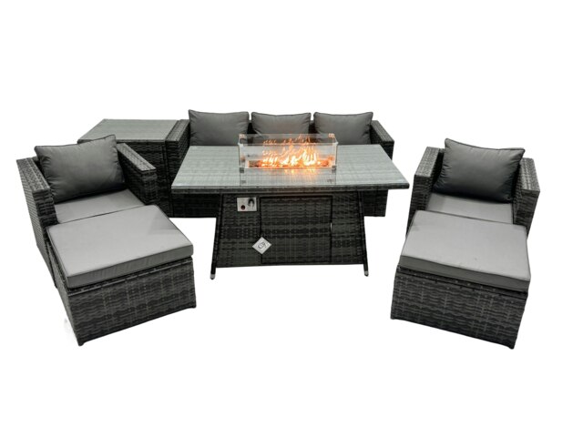 Rackhams Rattan Garden Furniture Fire Pit Dining Set 7 Seater Lounge Sofa Table Set with Side table 2 big Footstool - image 1