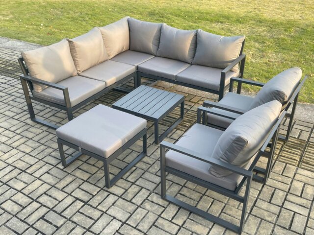 Rackhams Outdoor Garden Furniture Set Aluminium Lounge Sofa Square Coffee Table Sets with 2 Pcs Chair Big Footstool Indoor Conservatory Set Dark Grey