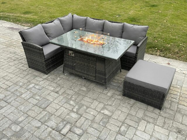 Rackhams 7 Seater Rattan Garden Furniture Sets High Back Corner Sofa Fire Pit Dining Table Sets Gas Heater with Big Footstool Dark Grey Mixed - image 1