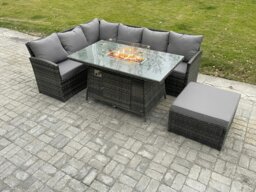 Rackhams 7 Seater Rattan Garden Furniture Sets High Back Corner Sofa Fire Pit Dining Table Sets Gas Heater with Big Footstool Dark Grey Mixed