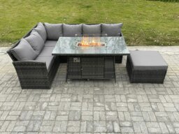 Rackhams 7 Seater Rattan Garden Furniture Sets High Back Corner Sofa Fire Pit Dining Table Sets Gas Heater with Big Footstool Dark Grey Mixed - thumbnail 2