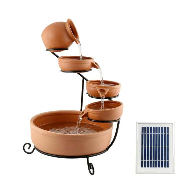 Rackhams Solar Powered Cascading Terracotta Water Feature – 4 Tier Garden Fountain with Battery Backup - Orange - image 1