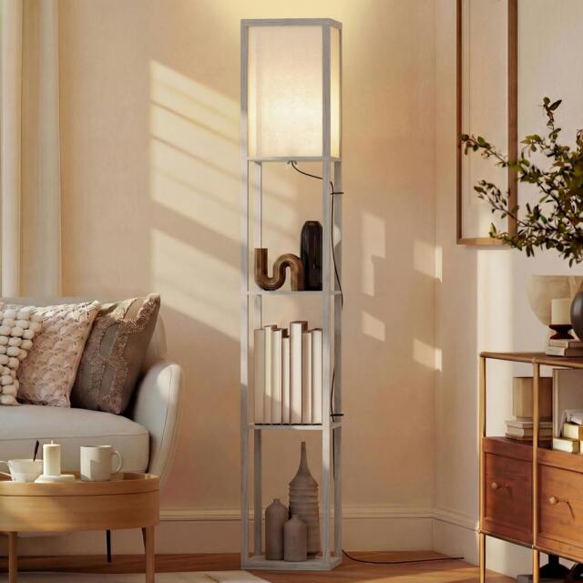 Rackhams Floor Lamp Reading Lamp with 3-Tier Storage Shelf Oak - image 1