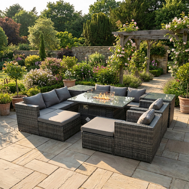 Rackhams 10 Seater Rattan Garden Furniture Set with Fire Pit Dining Table, 2 Sofas, 2 Side Tables, 2 Chairs & 2 Footstools - Dark Grey - image 1