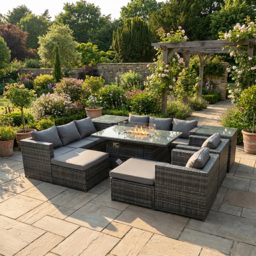 Rackhams 10 Seater Rattan Garden Furniture Set with Fire Pit Dining Table, 2 Sofas, 2 Side Tables, 2 Chairs & 2 Footstools - Dark Grey - thumbnail 1