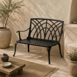 Rackhams Elsu 2 Seater Outdoor Garden Bench Black Cast Aluminium Antique Finish - thumbnail 1