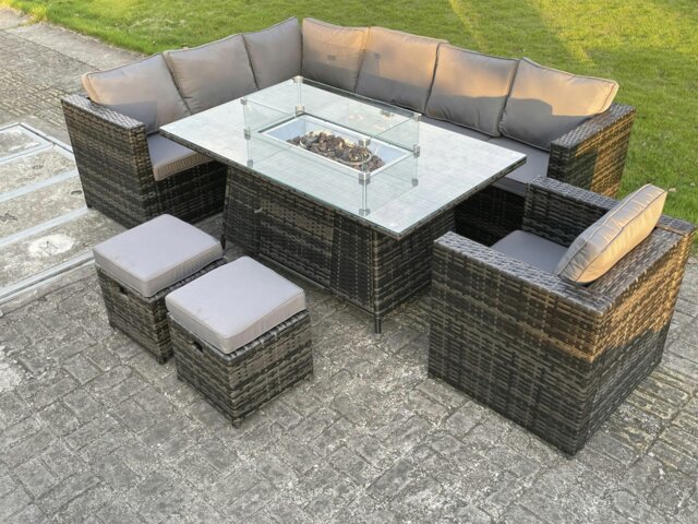 Rackhams Outdoor Rattan Garden Furniture Corner Sofa Set Gas Fire Pit Table Sets Gas Heater Lounge Small Footstools Chair Dark Grey 9 Seater - image 1