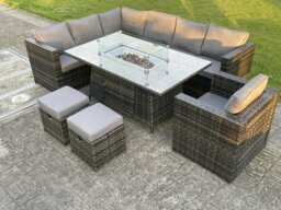 Rackhams Outdoor Rattan Garden Furniture Corner Sofa Set Gas Fire Pit Table Sets Gas Heater Lounge Small Footstools Chair Dark Grey 9 Seater - thumbnail 1