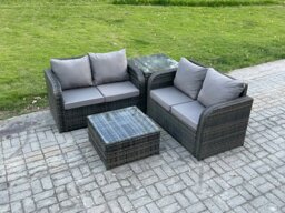 Rackhams Rattan Sofa Set Outdoor Garden Furniture Set with Square Coffee Table Loveseat Sofa Side Table Dark Grey Mixed - thumbnail 2