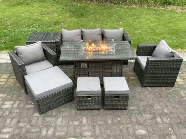 Rackhams 8-Seater Wicker PE Rattan Garden Fire Pit Dining Set - Gas Heater, 2 Armchairs, Side Tables, Footstools - Dark Grey - image 1