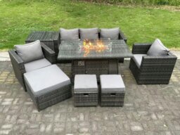 Rackhams 8-Seater Wicker PE Rattan Garden Fire Pit Dining Set - Gas Heater, 2 Armchairs, Side Tables, Footstools - Dark Grey - thumbnail 1