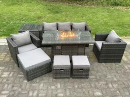 Rackhams 8-Seater Wicker PE Rattan Garden Fire Pit Dining Set - Gas Heater, 2 Armchairs, Side Tables, Footstools - Dark Grey - thumbnail 2