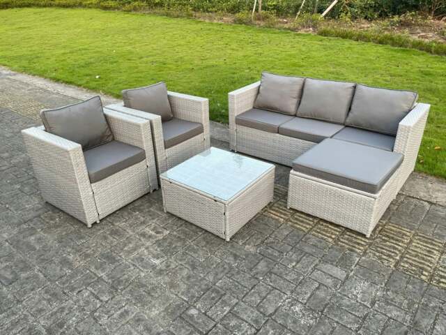 Rackhams 6 Seater PE Wicker Light Grey Rattan Sofa Set Garden Furniture Chairs Footstool Conservatory Patio Furniture - image 1