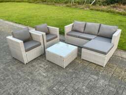 Rackhams 6 Seater PE Wicker Light Grey Rattan Sofa Set Garden Furniture Chairs Footstool Conservatory Patio Furniture - thumbnail 1