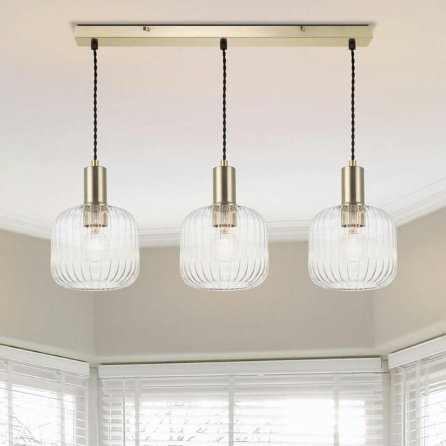 Rackhams Clayton 3 Light Ribbed Glass Bar Pendant Light - Brushed Brass - image 1