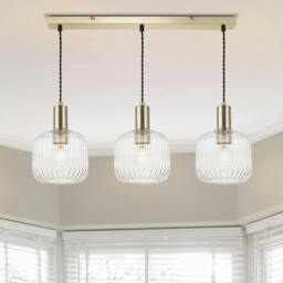 Rackhams Clayton 3 Light Ribbed Glass Bar Pendant Light - Brushed Brass