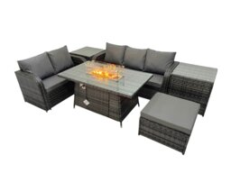Rackhams Garden Outdoor Rattan Furniture Set Rattan Love Sofa 3 Seater Sofa with Big Footstool 2 Side Tables Dark Grey Mixed - thumbnail 2