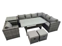 Rackhams Rattan Garden Furniture Set Outdoor 9 Seater Patio Dining Corner Sofa Sets with Dining Table Chair 2 Small Stools Dark Grey Mixed - thumbnail 1