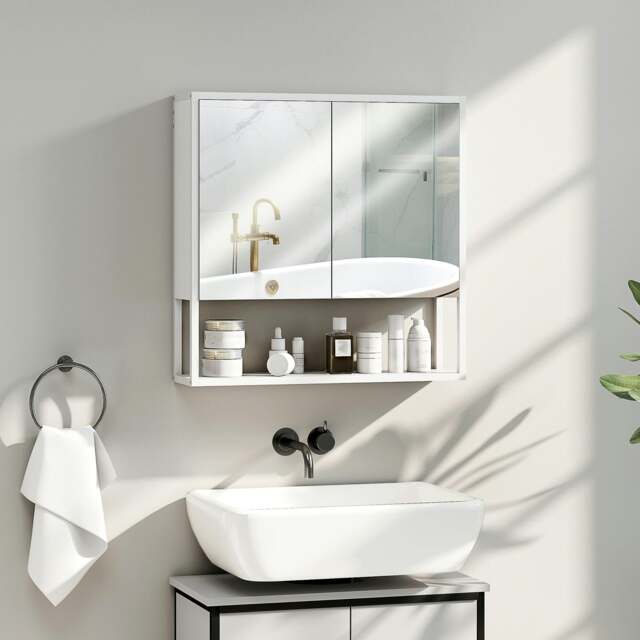 Rackhams Industrial Bathroom Cabinet with 2 Mirrored Doors Open Shelf, White - image 1