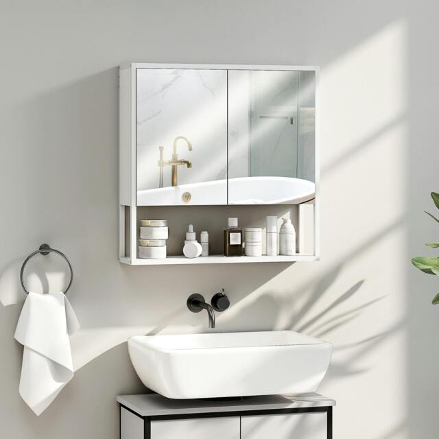 Rackhams Industrial Bathroom Cabinet with 2 Mirrored Doors Open Shelf, White - Bathroom Mirror Cabinet - 1 - 60W x 16D x 60H cm - image 1
