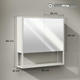 Rackhams Industrial Bathroom Cabinet with 2 Mirrored Doors Open Shelf, White - Bathroom Mirror Cabinet - 1 - 60W x 16D x 60H cm - thumbnail 6