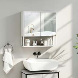 Rackhams Industrial Bathroom Cabinet with 2 Mirrored Doors Open Shelf, White