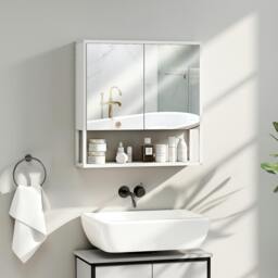 Rackhams Industrial Bathroom Cabinet with 2 Mirrored Doors Open Shelf, White - Bathroom Mirror Cabinet - 1 - 60W x 16D x 60H cm - thumbnail 1