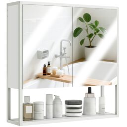 Rackhams Industrial Bathroom Cabinet with 2 Mirrored Doors Open Shelf, White - Bathroom Mirror Cabinet - 1 - 60W x 16D x 60H cm - thumbnail 2
