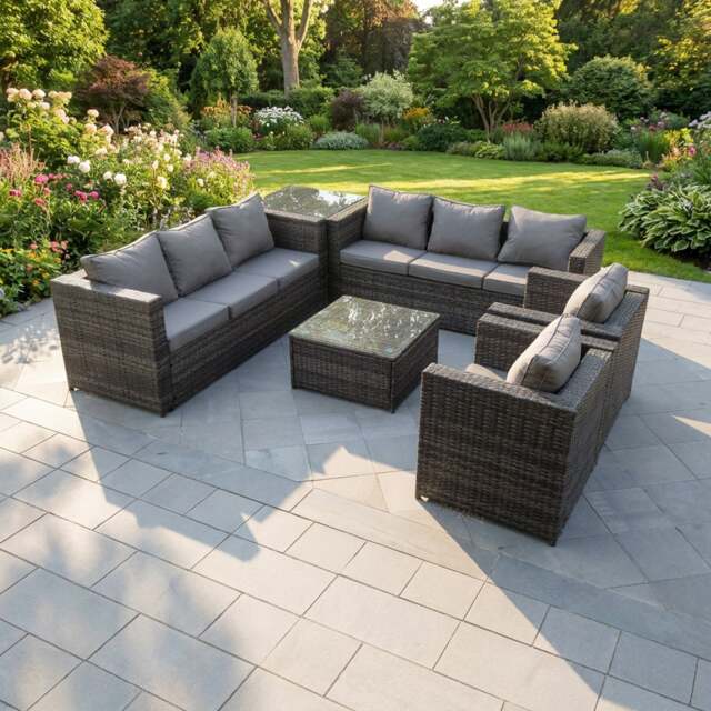 Rackhams 8 Seater Rattan Garden Furniture Corner Sofa Set with Coffee Table, 2 Chairs & Side Table - Dark Grey - image 1