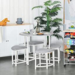 Rackhams Modern Round Dining Table Set with 4 Upholstered Stools for Dining Room, Kitchen, Grey - thumbnail 2