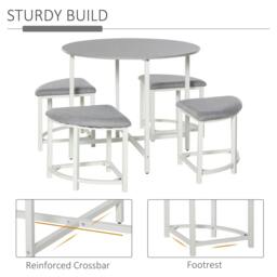 Rackhams Modern Round Dining Table Set with 4 Upholstered Stools for Dining Room, Kitchen, Grey - thumbnail 5