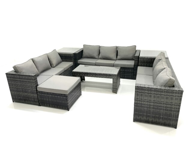 Rackhams Outdoor Garden Furniture Set 10 Seater Rattan Sofa Set with Coffee Table Big Footstool 2 Side Tables Dark Grey Mixed - image 1
