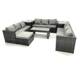 Rackhams Outdoor Garden Furniture Set 10 Seater Rattan Sofa Set with Coffee Table Big Footstool 2 Side Tables Dark Grey Mixed - thumbnail 1
