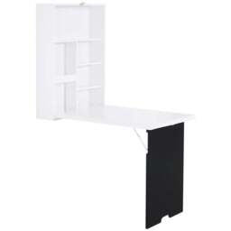 Rackhams Folding Wall-Mounted Drop-Leaf Table, Convertible Wall Table With Chalkboard and Storage Shelf, Multifunctional Floating Desk for Home Office, White - thumbnail 5