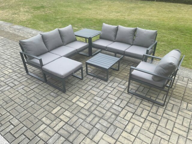 Rackhams Aluminium 8 Seater Outdoor Garden Furniture Lounge Sofa Set with Square Coffee Table Chair Big Footstool Side Table Dark Grey - image 1