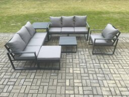 Rackhams Aluminium 8 Seater Outdoor Garden Furniture Lounge Sofa Set with Square Coffee Table Chair Big Footstool Side Table Dark Grey - thumbnail 2
