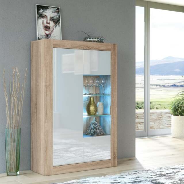 Rackhams Elegant 140cm Sideboard Cabinet Unit with White High Gloss Doors and Free LED - 140 cm  - Oak Matt Body & White Gloss Doors - 1 - image 1