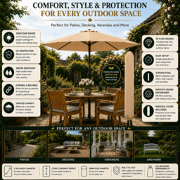 Rackhams Garden Parasol Table Umbrella 2.7M with Crank Handle, UV40 Protection, Includes Protection Cover, Robust Steel - Sand - thumbnail 3