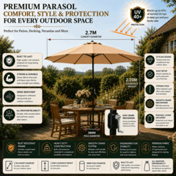 Rackhams Garden Parasol Table Umbrella 2.7M with Crank Handle, UV40 Protection, Includes Protection Cover, Robust Steel - Sand - thumbnail 2