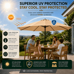 Rackhams Garden Parasol Table Umbrella 2.7M with Crank Handle, UV40 Protection, Includes Protection Cover, Robust Steel - Sand - thumbnail 4