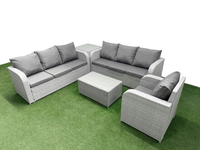 Rackhams 7 Seater Poly Rattan Outdoor Garden Furniture Sofa Set Patio 3 Seater Sofa Reclining Chair 3 Seater Sofa Side Table Light Grey - image 1