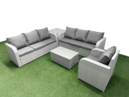 Rackhams 7 Seater Poly Rattan Outdoor Garden Furniture Sofa Set Patio 3 Seater Sofa Reclining Chair 3 Seater Sofa Side Table Light Grey - thumbnail 1
